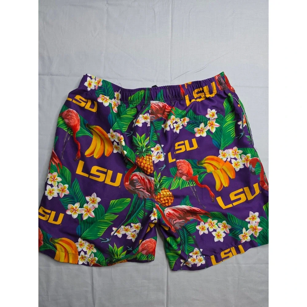 NCAA LSU Tigers Swim Trunks Mens Large Purple Floral Drawstring Swimwear Outdoor